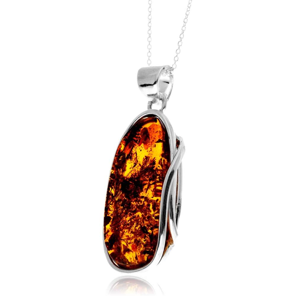 925 Sterling Silver & Genuine Cognac Baltic Amber Unique Exclusive Pendant without a chain - PD2449