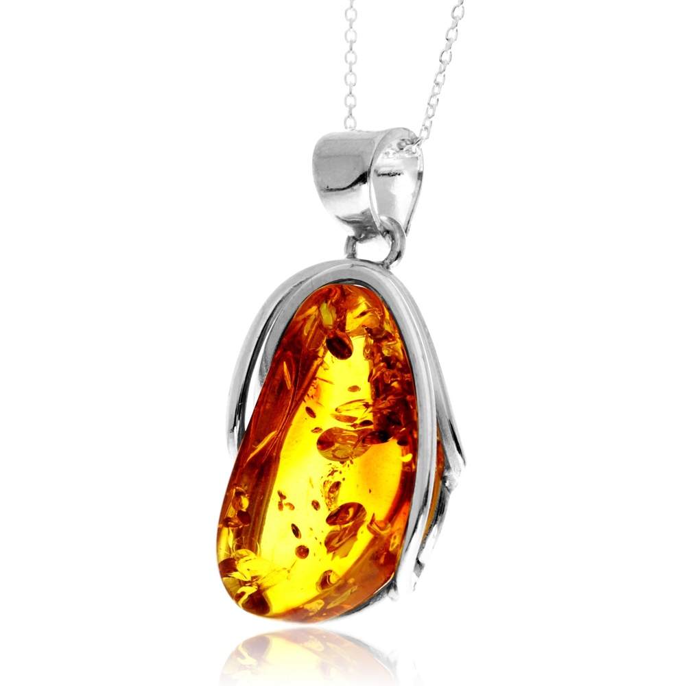925 Sterling Silver & Genuine Cognac Baltic Amber Unique Exclusive Pendant without a chain - PD2452