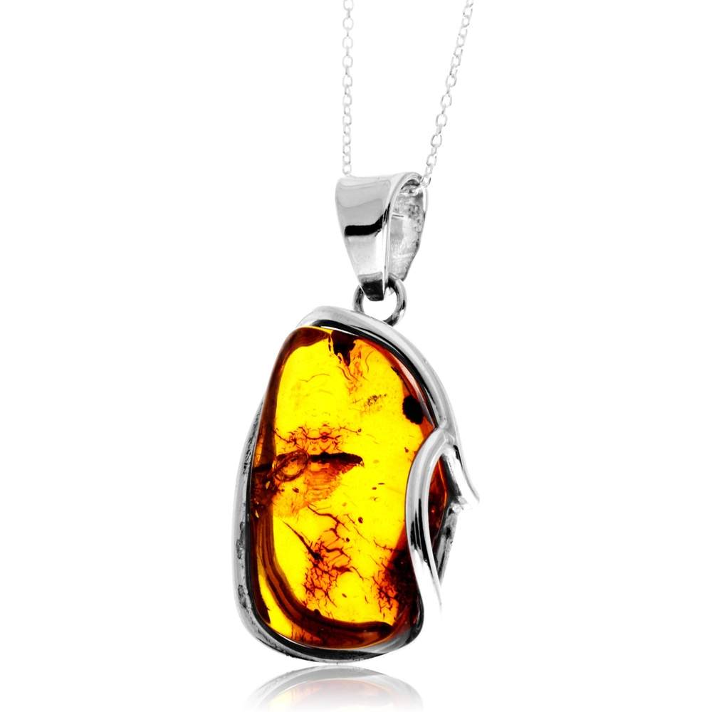 925 Sterling Silver & Genuine Cognac Baltic Amber Unique Exclusive Pendant without a chain - PD2454