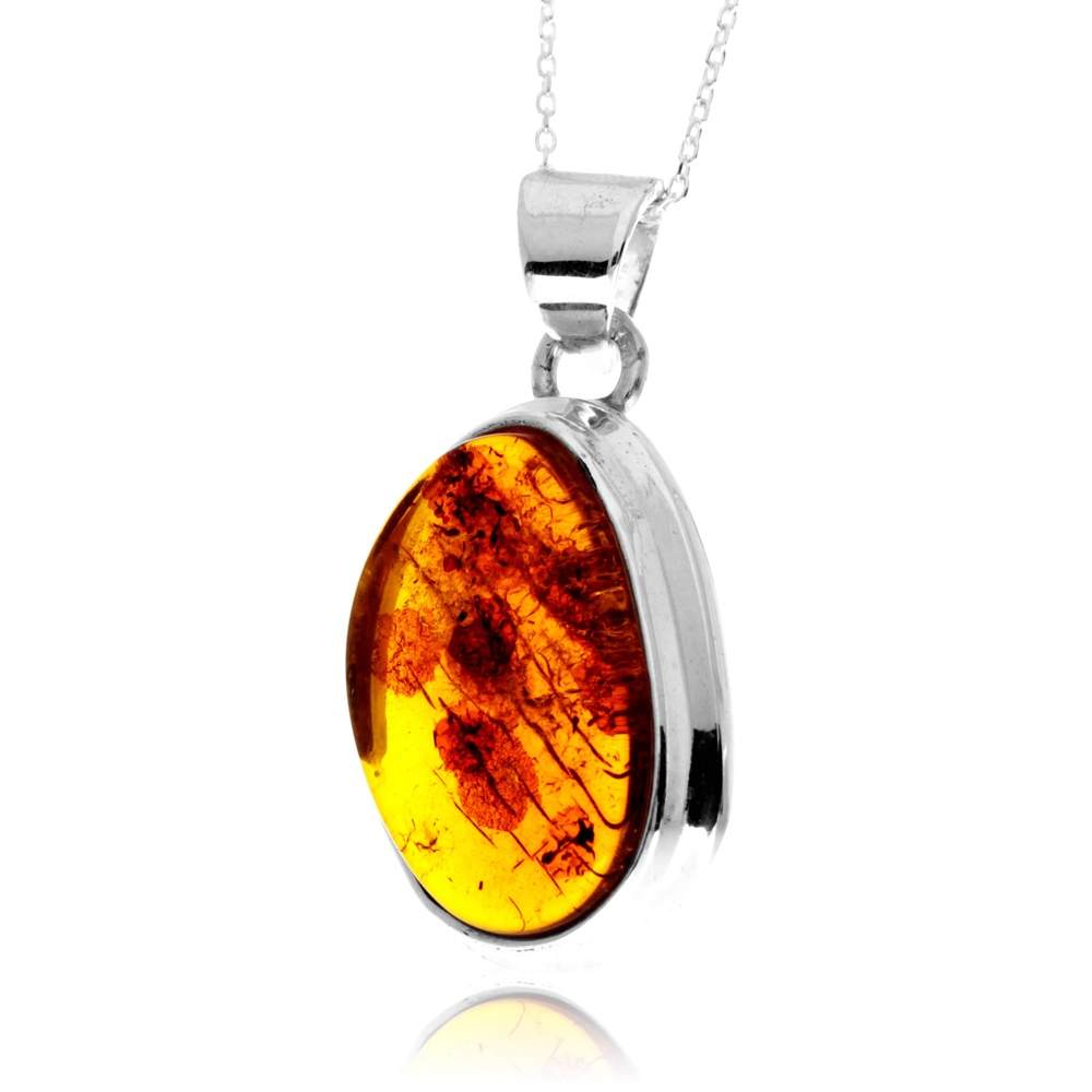 925 Sterling Silver & Genuine Cognac Baltic Amber Unique Exclusive Pendant without a chain - PD2458