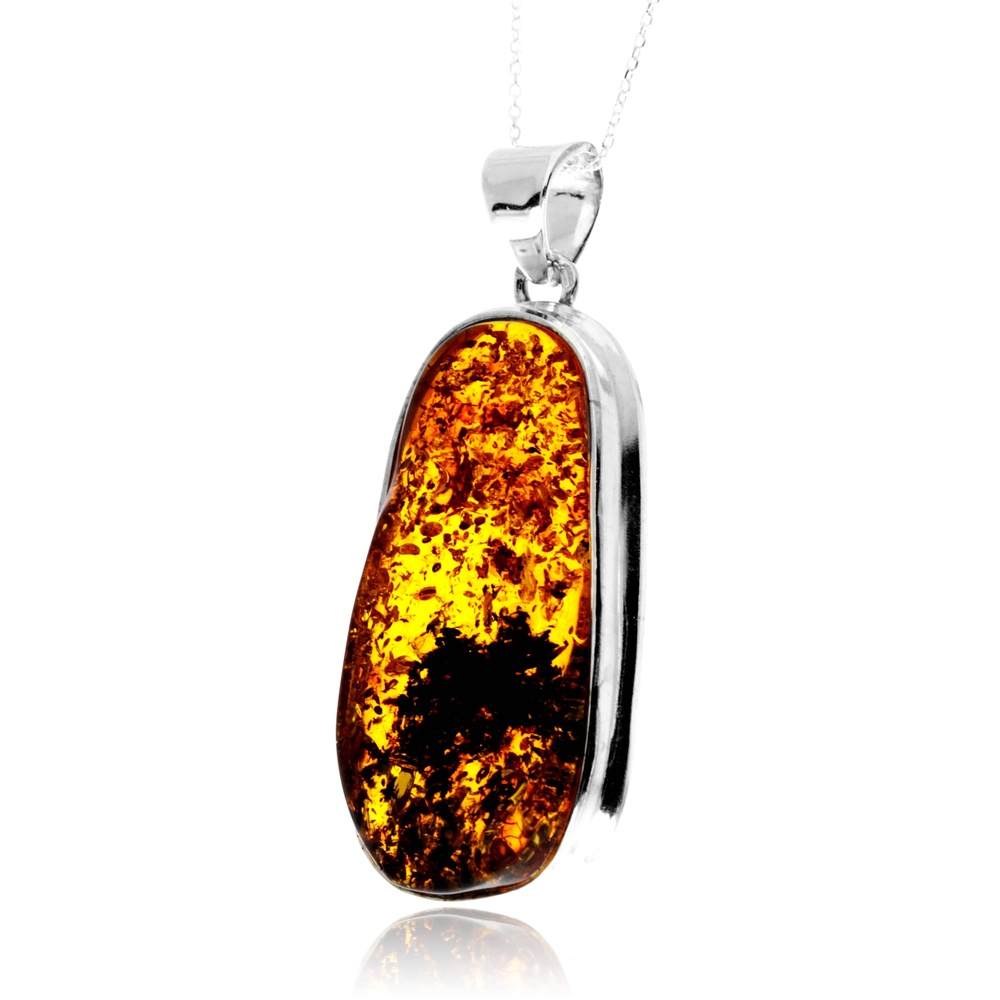925 Sterling Silver & Genuine Cognac Baltic Amber Unique Exclusive Pendant without a chain - PD2460