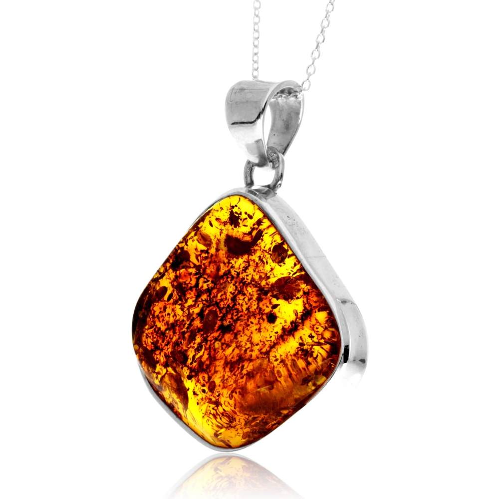 925 Sterling Silver & Genuine Cognac Baltic Amber Unique Exclusive Pendant without a chain - PD2464