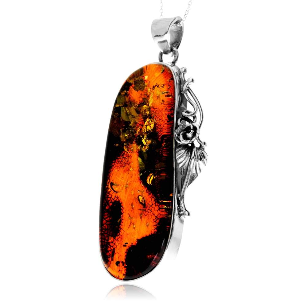 925 Sterling Silver & Genuine Green Baltic Amber Unique Exclusive Pendant without a chain - PD2477