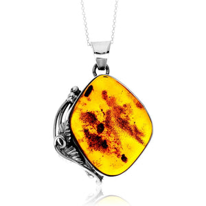 925 Sterling Silver & Genuine Cognac Baltic Amber Unique Exclusive Pendant without a chain - PD2479