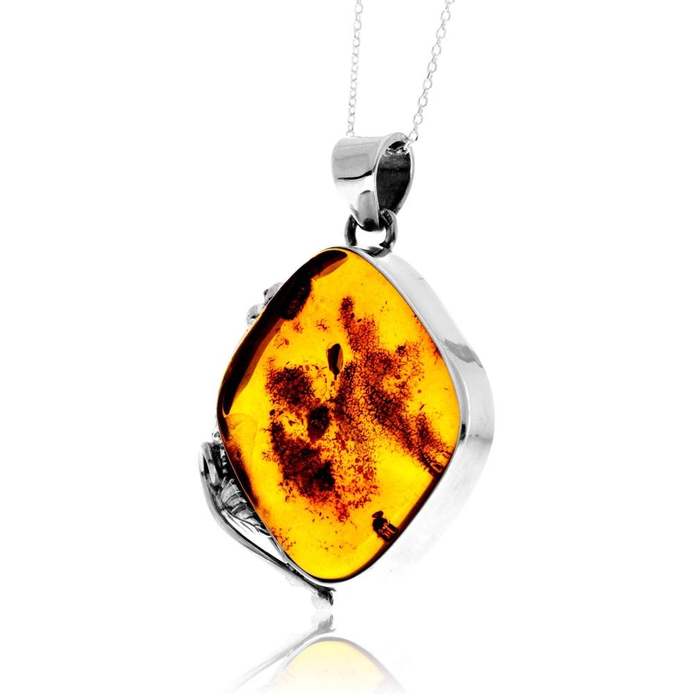 925 Sterling Silver & Genuine Cognac Baltic Amber Unique Exclusive Pendant without a chain - PD2479