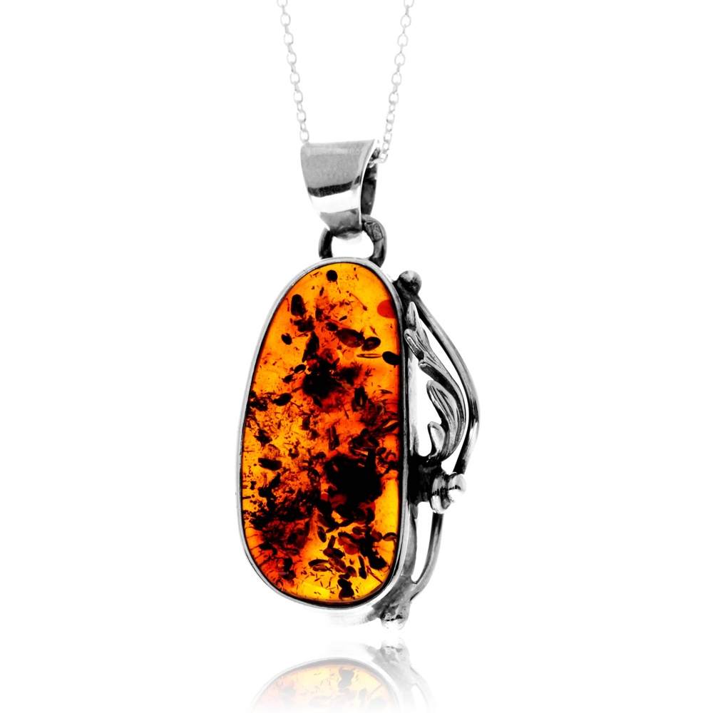 925 Sterling Silver & Genuine Cognac Baltic Amber Unique Exclusive Pendant without a chain - PD2480