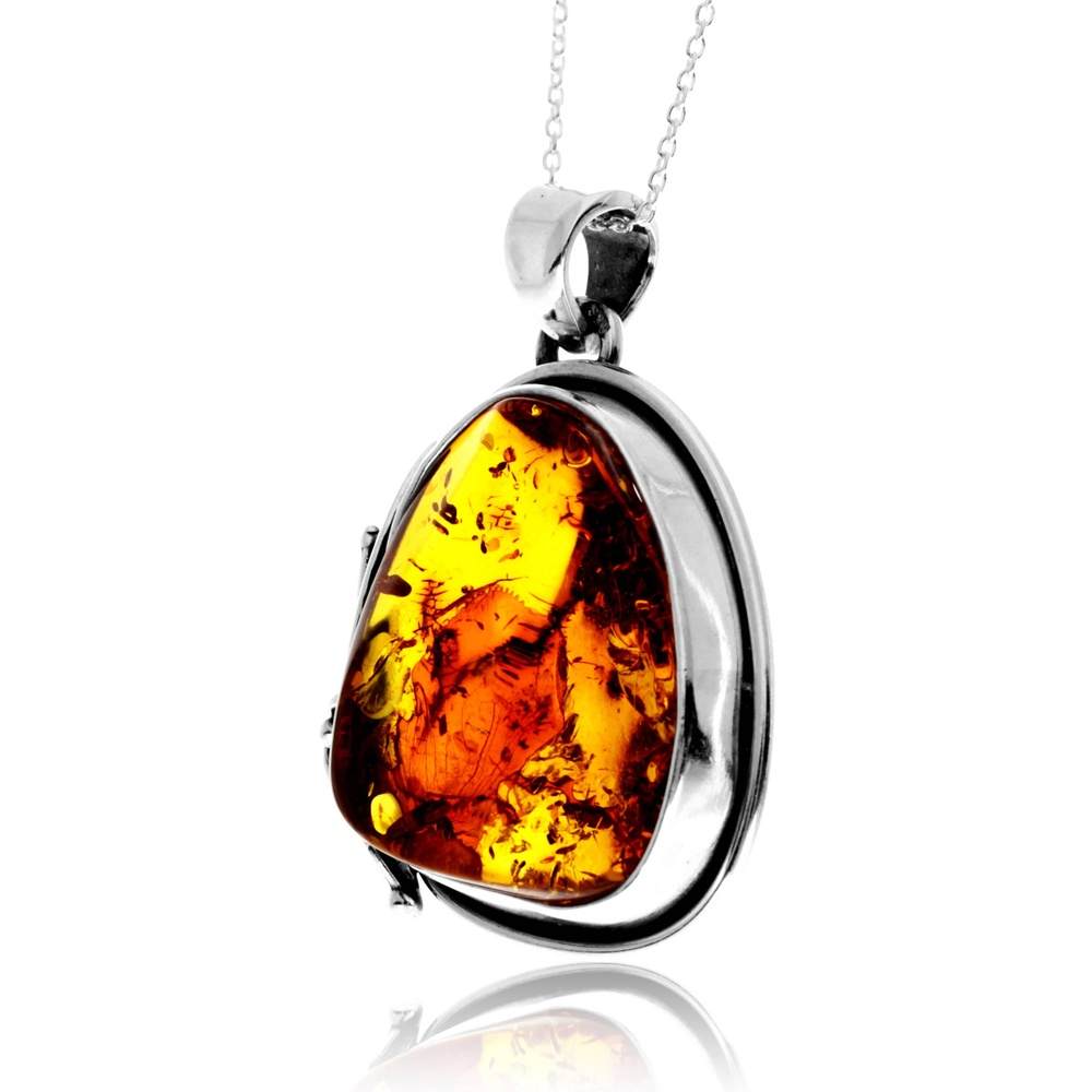 925 Sterling Silver & Genuine Cognac Baltic Amber Unique Exclusive Pendant without a chain - PD2481