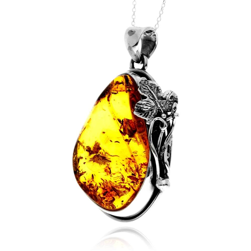 925 Sterling Silver & Genuine Cognac Baltic Amber Unique Exclusive Pendant without a chain - PD2482
