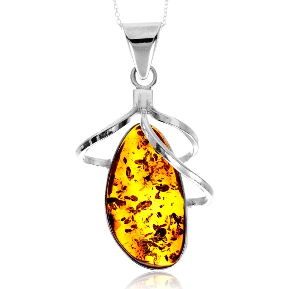 925 Sterling Silver & Genuine Cognac Baltic Amber Unique Exclusive Pendant without a chain - PD2485