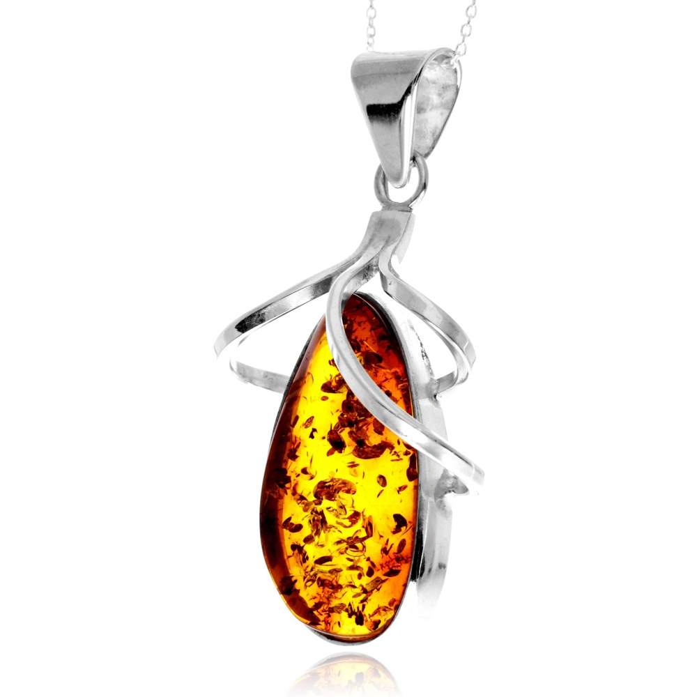 925 Sterling Silver & Genuine Cognac Baltic Amber Unique Exclusive Pendant without a chain - PD2485