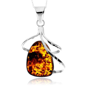 925 Sterling Silver & Genuine Cognac Baltic Amber Unique Exclusive Pendant without a chain - PD2486