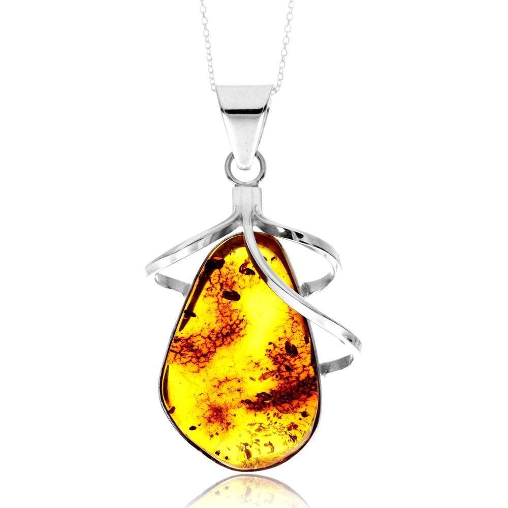 925 Sterling Silver & Genuine Cognac Baltic Amber Unique Exclusive Pendant without a chain - PD2487