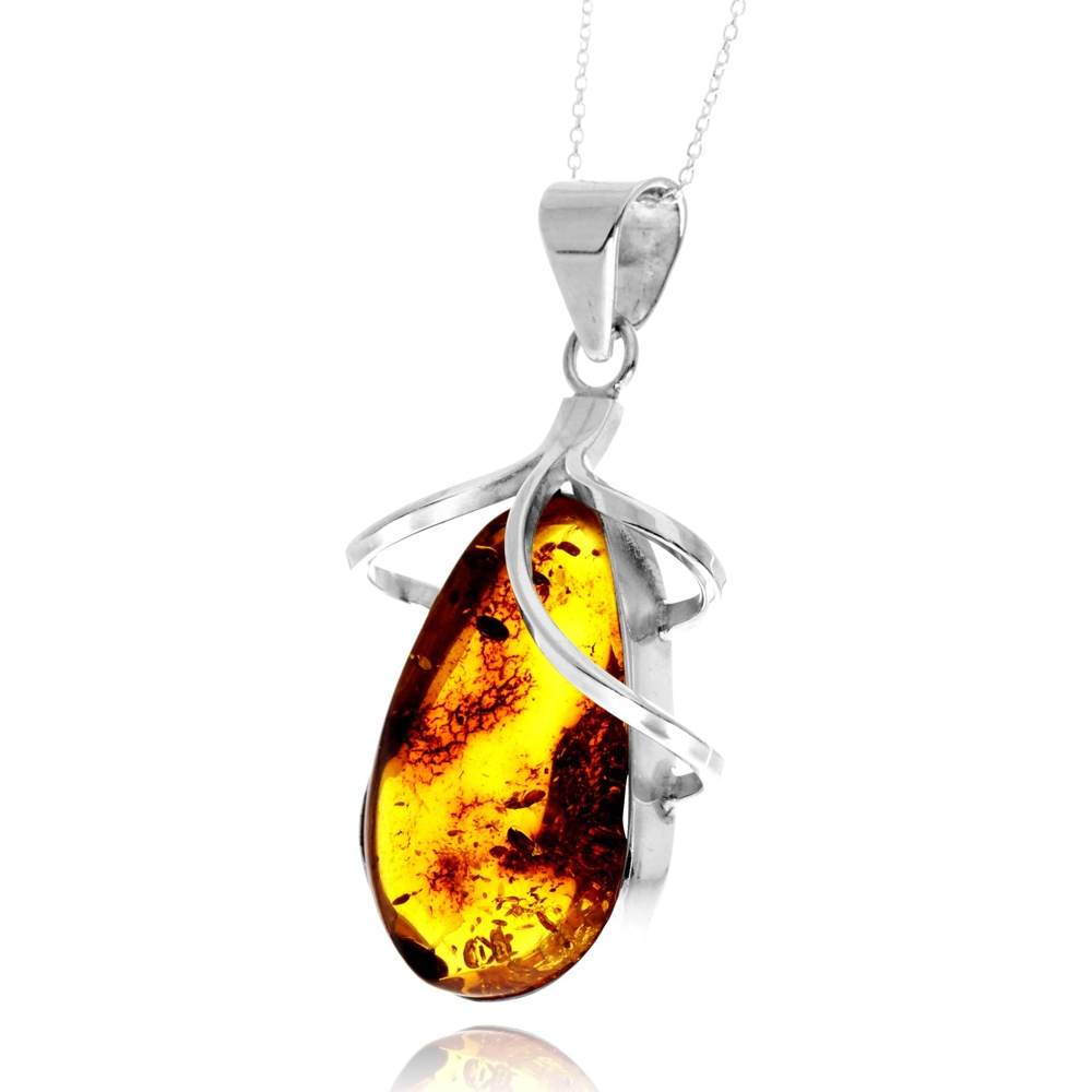 925 Sterling Silver & Genuine Cognac Baltic Amber Unique Exclusive Pendant without a chain - PD2487
