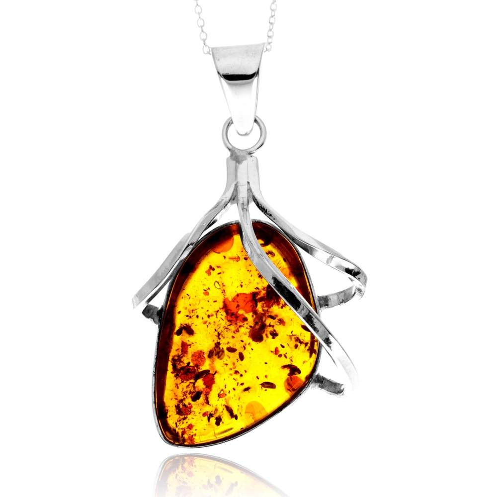 925 Sterling Silver & Genuine Cognac Baltic Amber Unique Exclusive Pendant without a chain - PD2488