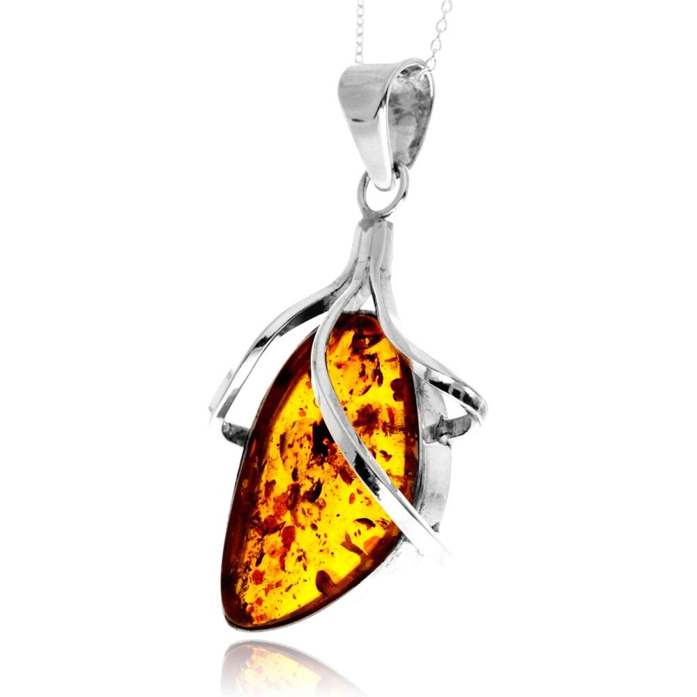 925 Sterling Silver & Genuine Cognac Baltic Amber Unique Exclusive Pendant without a chain - PD2488