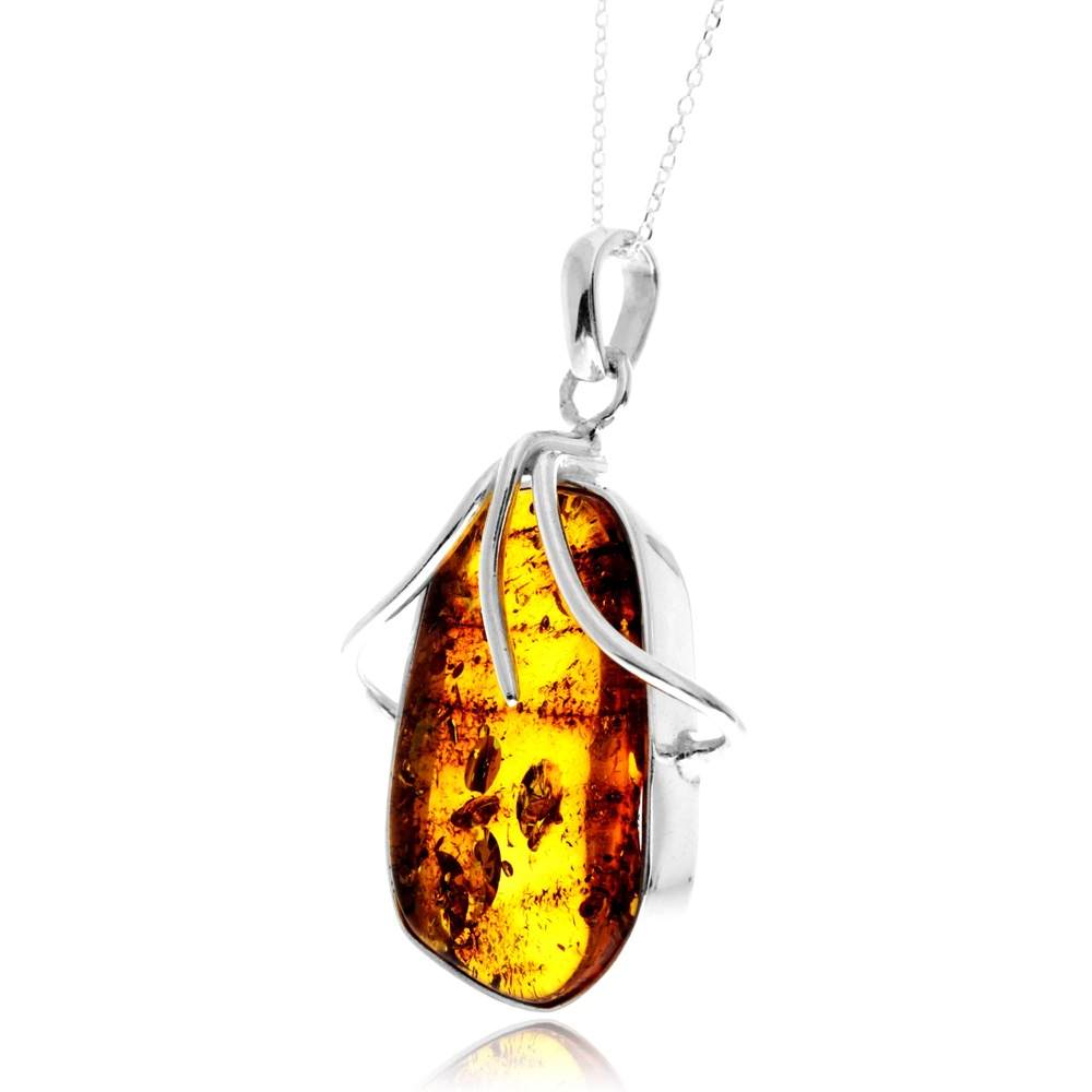 925 Sterling Silver & Genuine Cognac Baltic Amber Unique Exclusive Pendant without a chain - PD2489