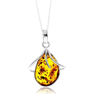 925 Sterling Silver & Genuine Cognac Baltic Amber Unique Exclusive Pendant without a chain - PD2490