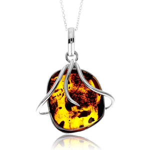925 Sterling Silver & Genuine Cognac Baltic Amber Unique Exclusive Pendant without a chain - PD2491