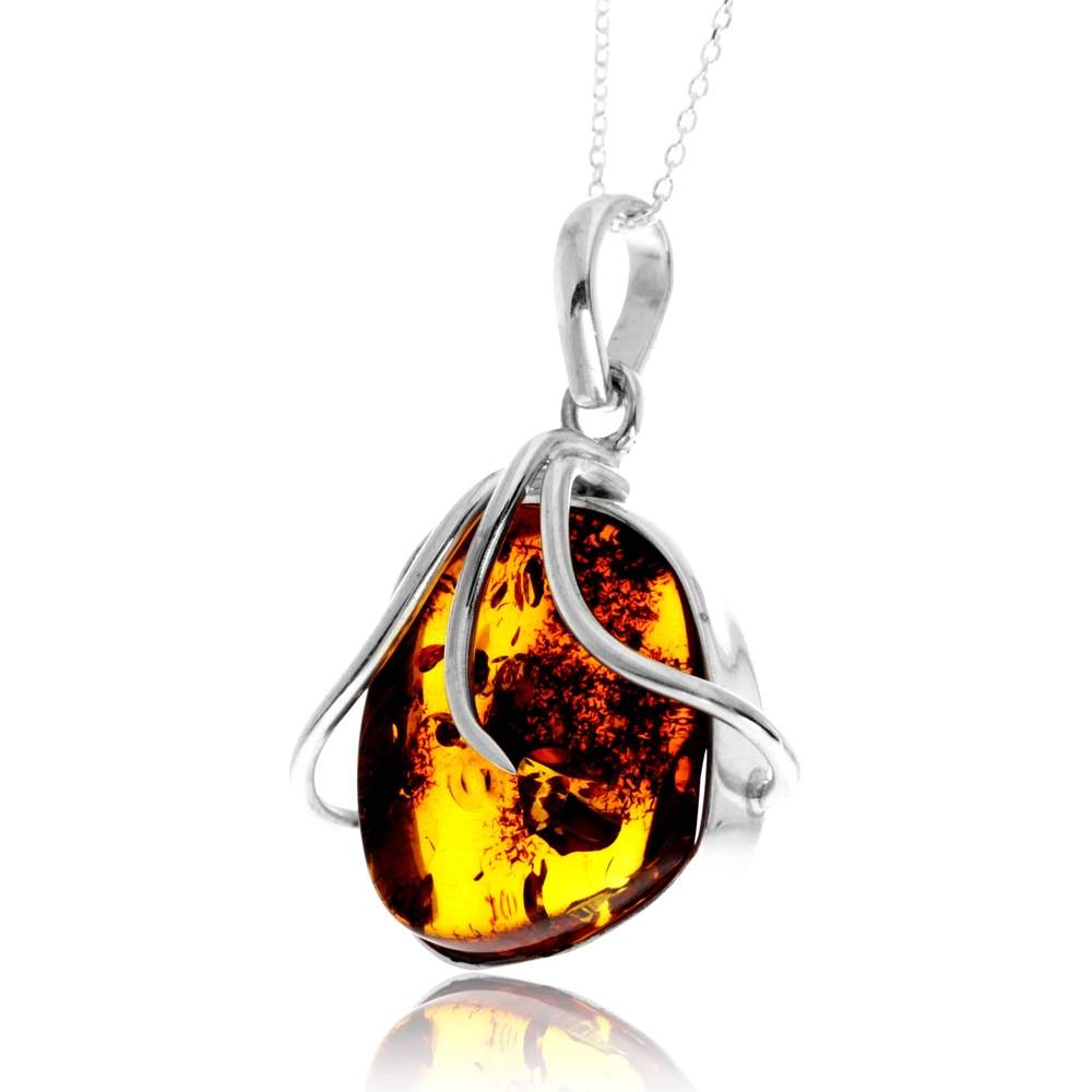 925 Sterling Silver & Genuine Cognac Baltic Amber Unique Exclusive Pendant without a chain - PD2491