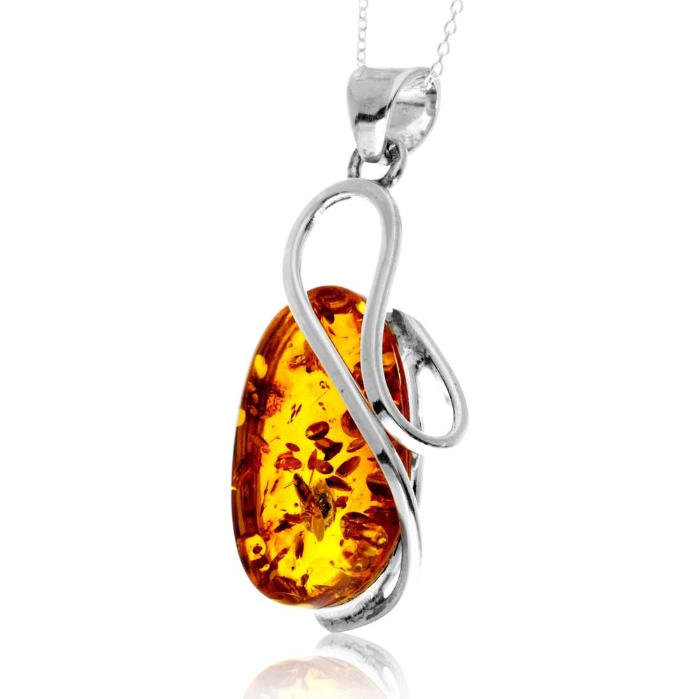 925 Sterling Silver & Genuine Cognac Baltic Amber Unique Exclusive Pendant without a chain - PD2493