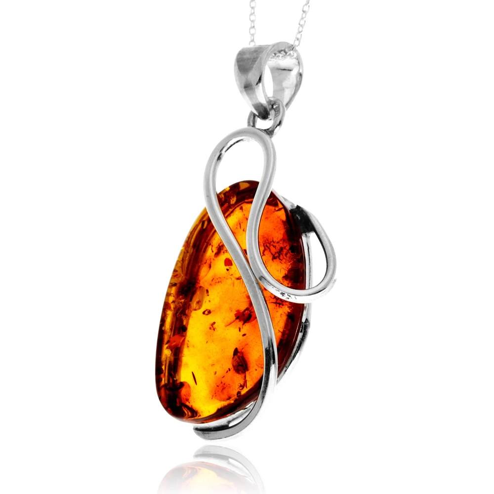 925 Sterling Silver & Genuine Cognac Baltic Amber Unique Exclusive Pendant without a chain - PD2494