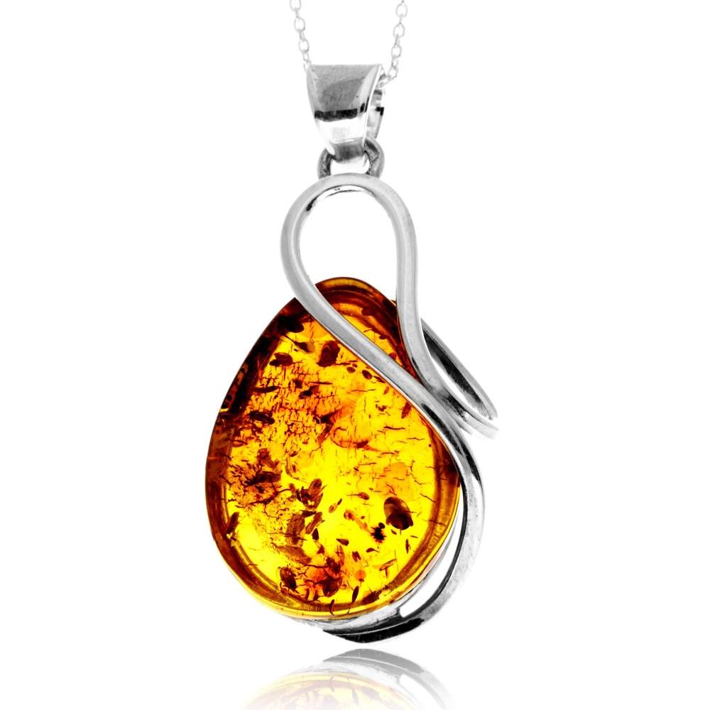 925 Sterling Silver & Genuine Cognac Baltic Amber Unique Exclusive Pendant without a chain - PD2496