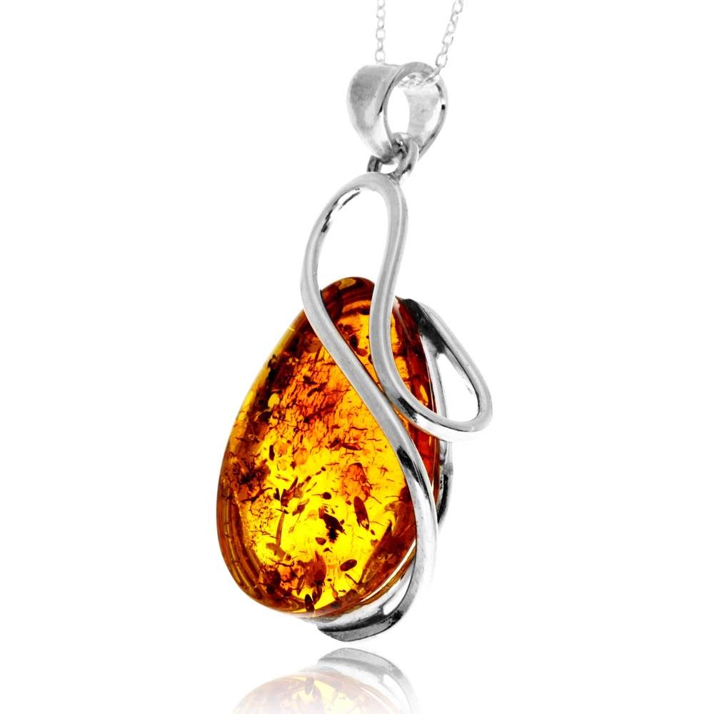925 Sterling Silver & Genuine Cognac Baltic Amber Unique Exclusive Pendant without a chain - PD2496