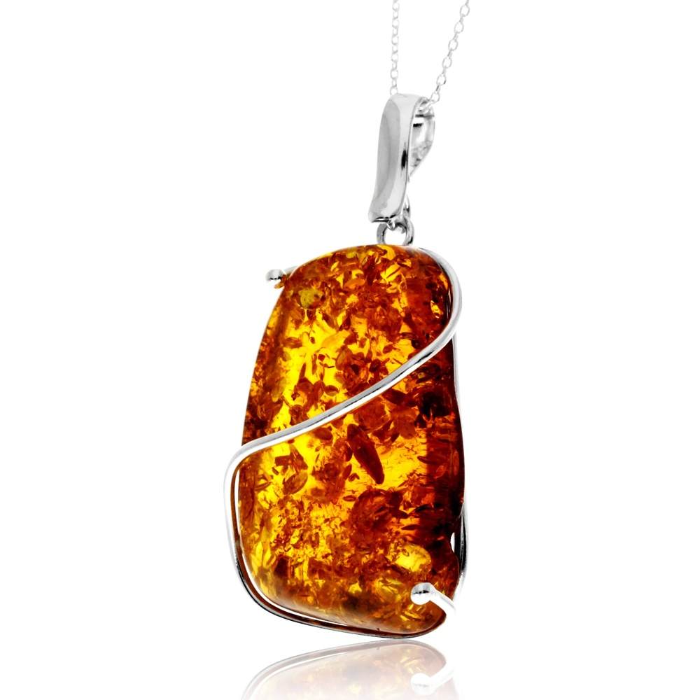 925 Sterling Silver & Genuine Cognac Baltic Amber Unique Exclusive Pendant without a chain - PD2498