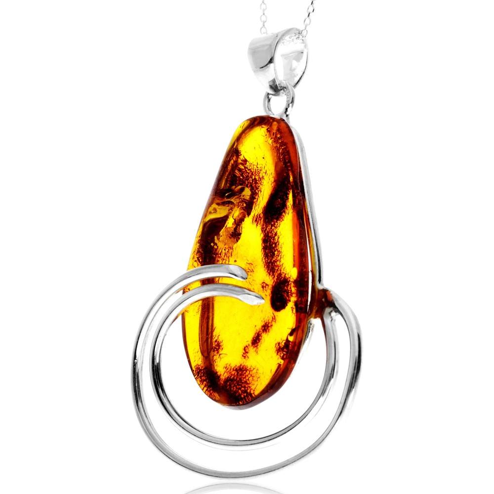 925 Sterling Silver & Genuine Cognac Baltic Amber Unique Exclusive Pendant without a chain - PD2506