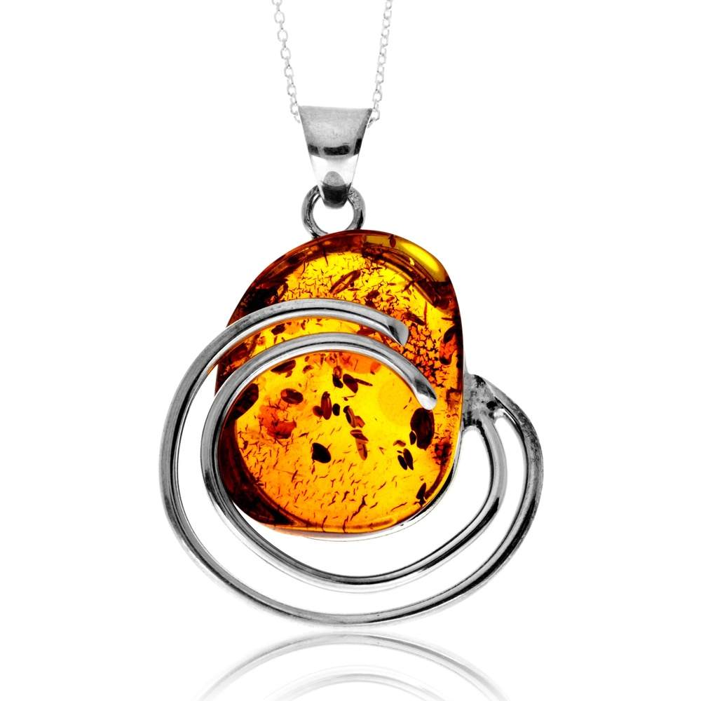 925 Sterling Silver & Genuine Cognac Baltic Amber Unique Exclusive Pendant without a chain - PD2509