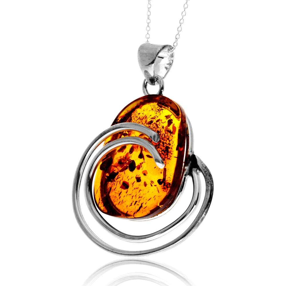 925 Sterling Silver & Genuine Cognac Baltic Amber Unique Exclusive Pendant without a chain - PD2509