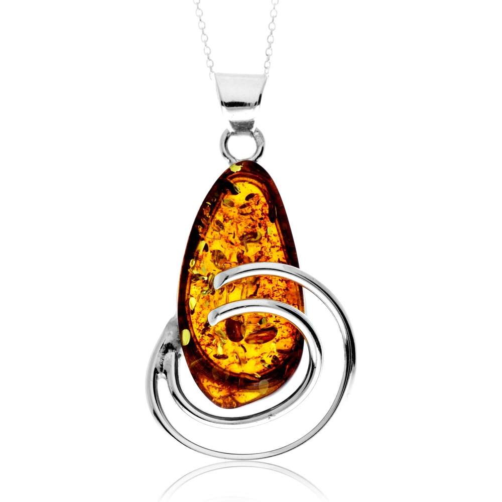925 Sterling Silver & Genuine Cognac Baltic Amber Unique Exclusive Pendant without a chain - PD2510