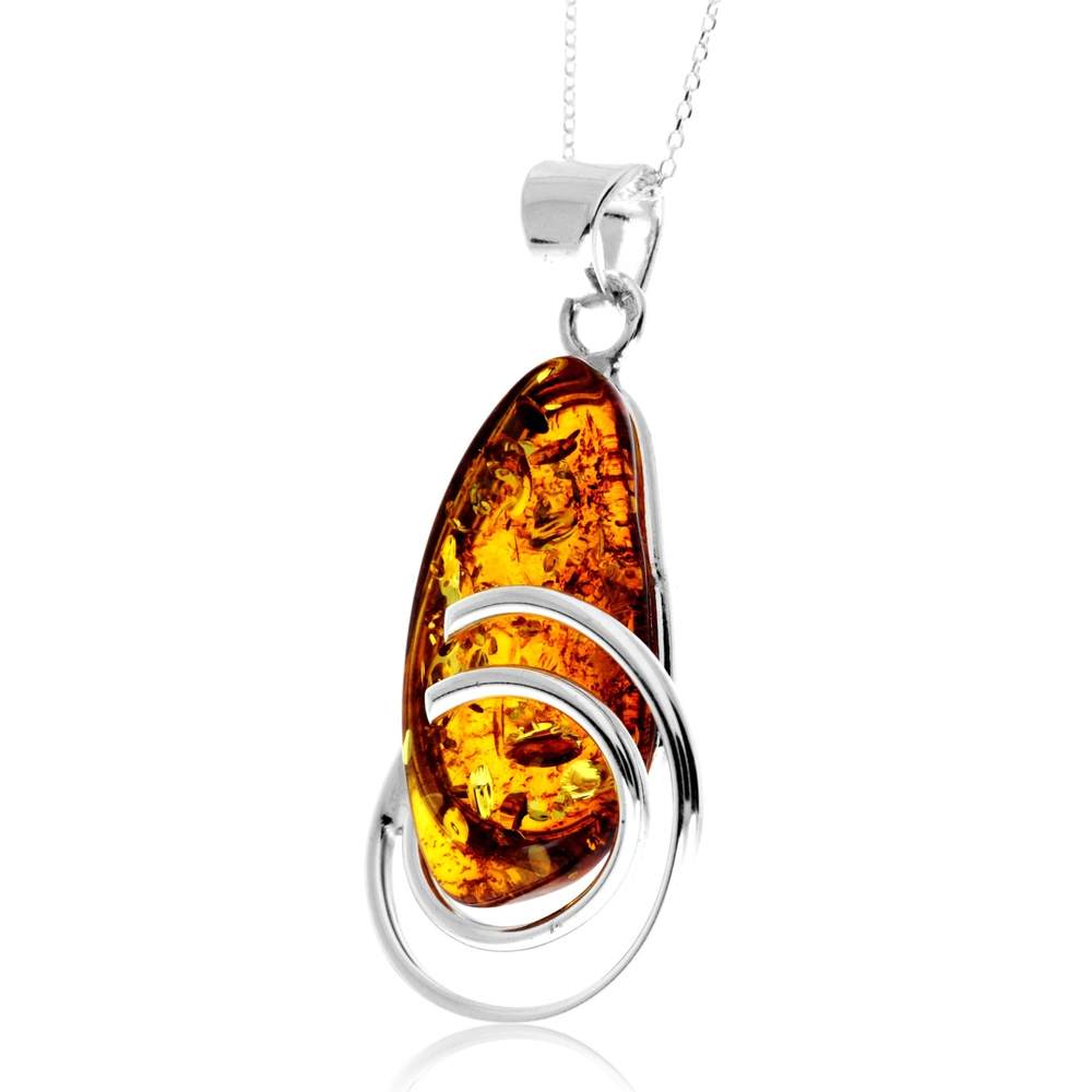 925 Sterling Silver & Genuine Cognac Baltic Amber Unique Exclusive Pendant without a chain - PD2510