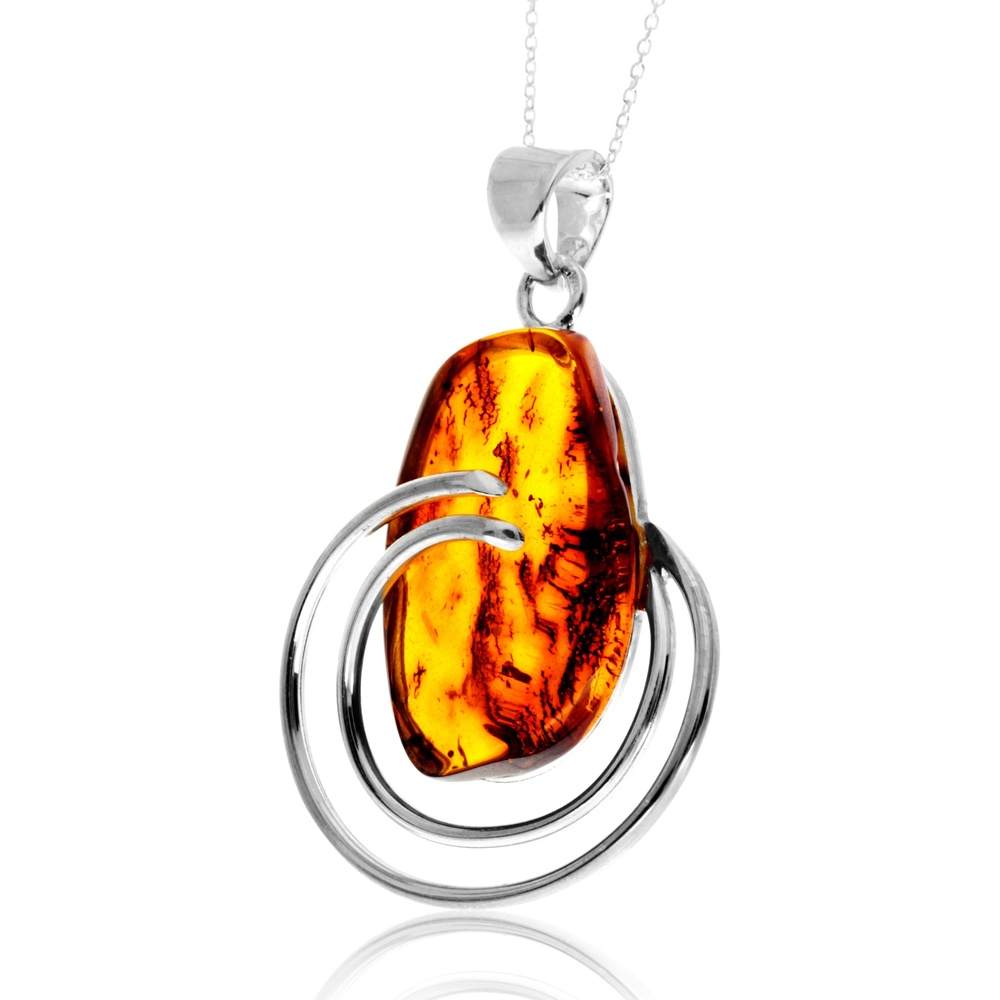 925 Sterling Silver & Genuine Cognac Baltic Amber Unique Exclusive Pendant without a chain - PD2511
