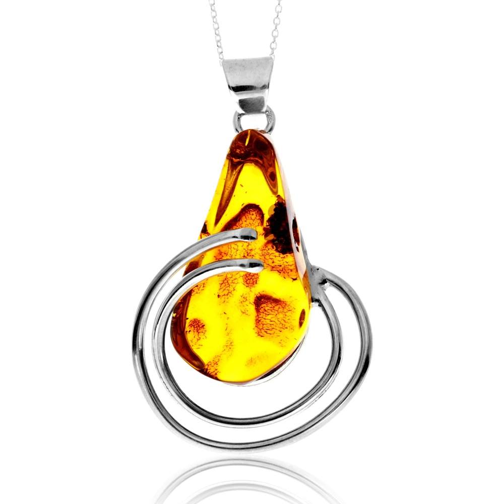 925 Sterling Silver & Genuine Cognac Baltic Amber Unique Exclusive Pendant without a chain - PD2512