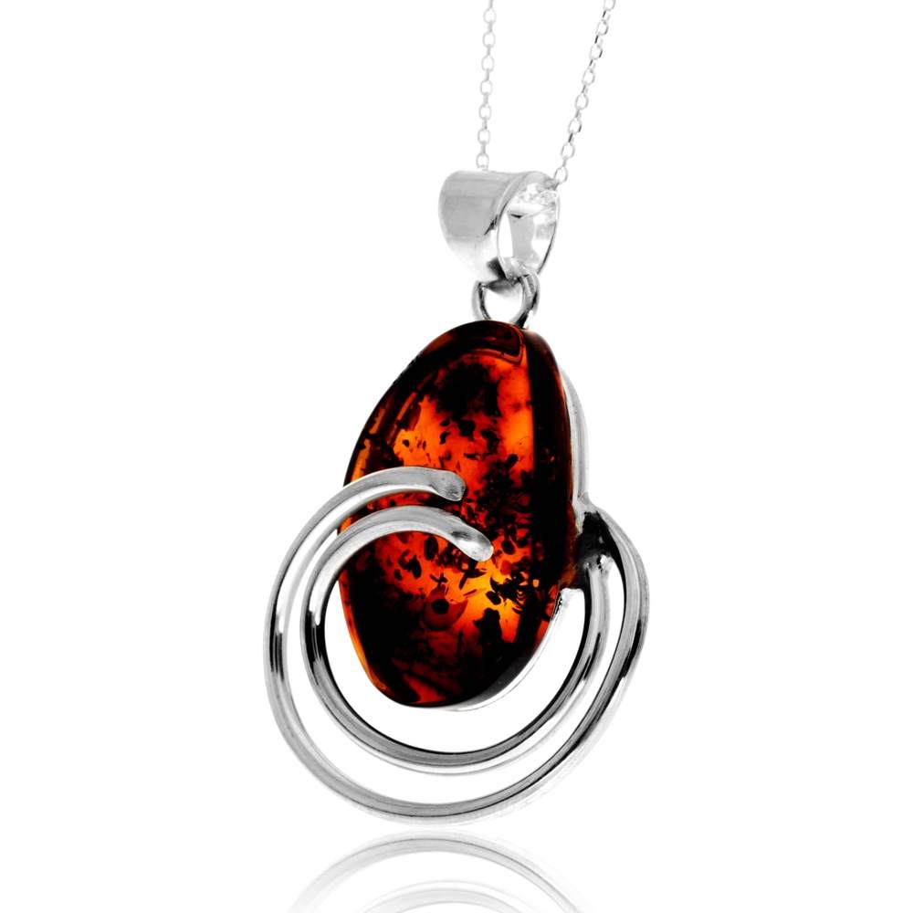 925 Sterling Silver & Genuine Cognac Baltic Amber Unique Exclusive Pendant without a chain - PD2514