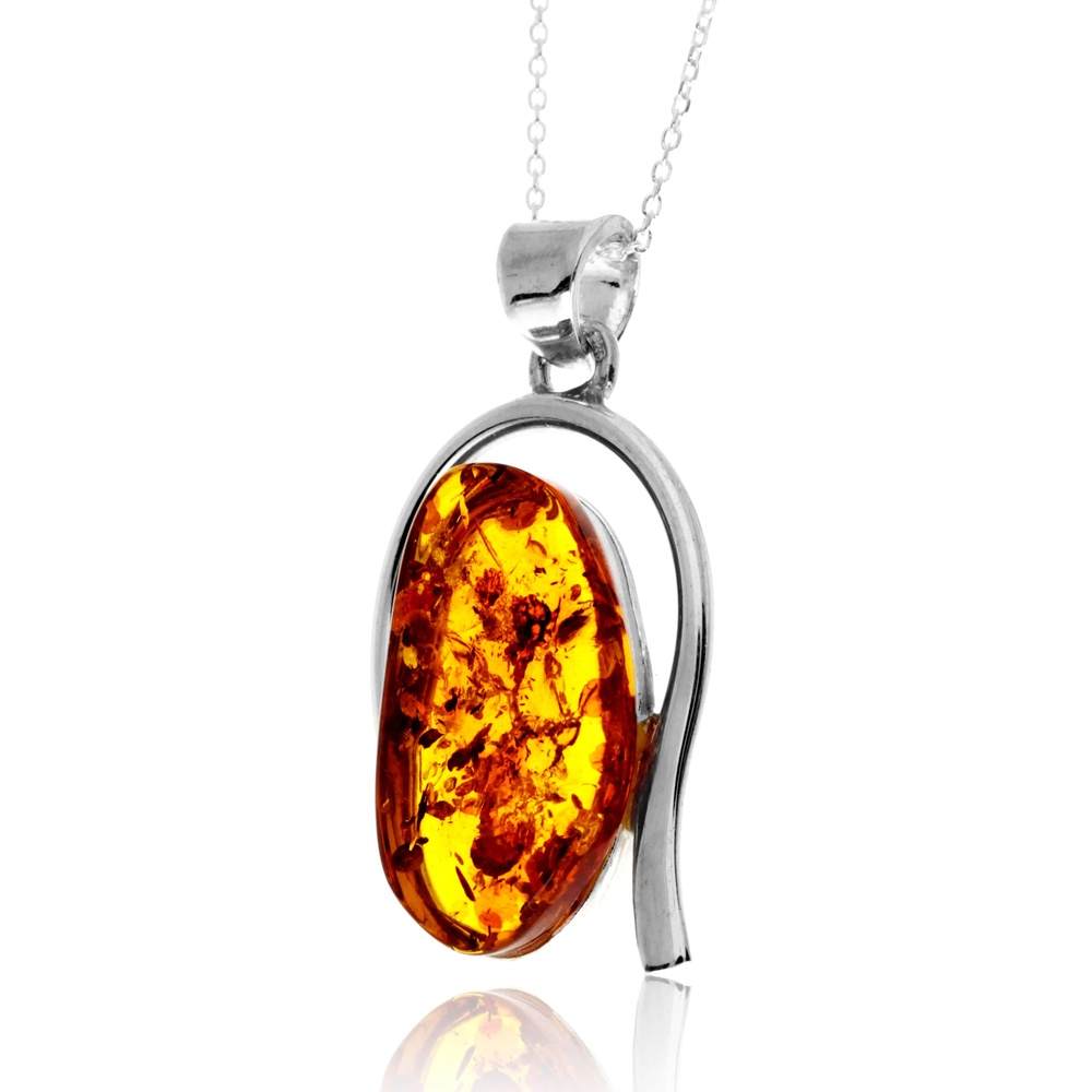 925 Sterling Silver & Genuine Cognac Baltic Amber Unique Exclusive Pendant without a chain - PD2516