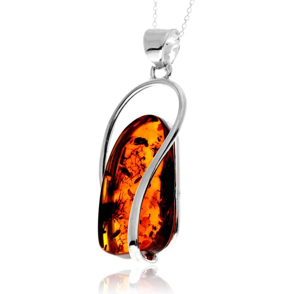 925 Sterling Silver & Genuine Cognac Baltic Amber Unique Exclusive Pendant without a chain - PD2518