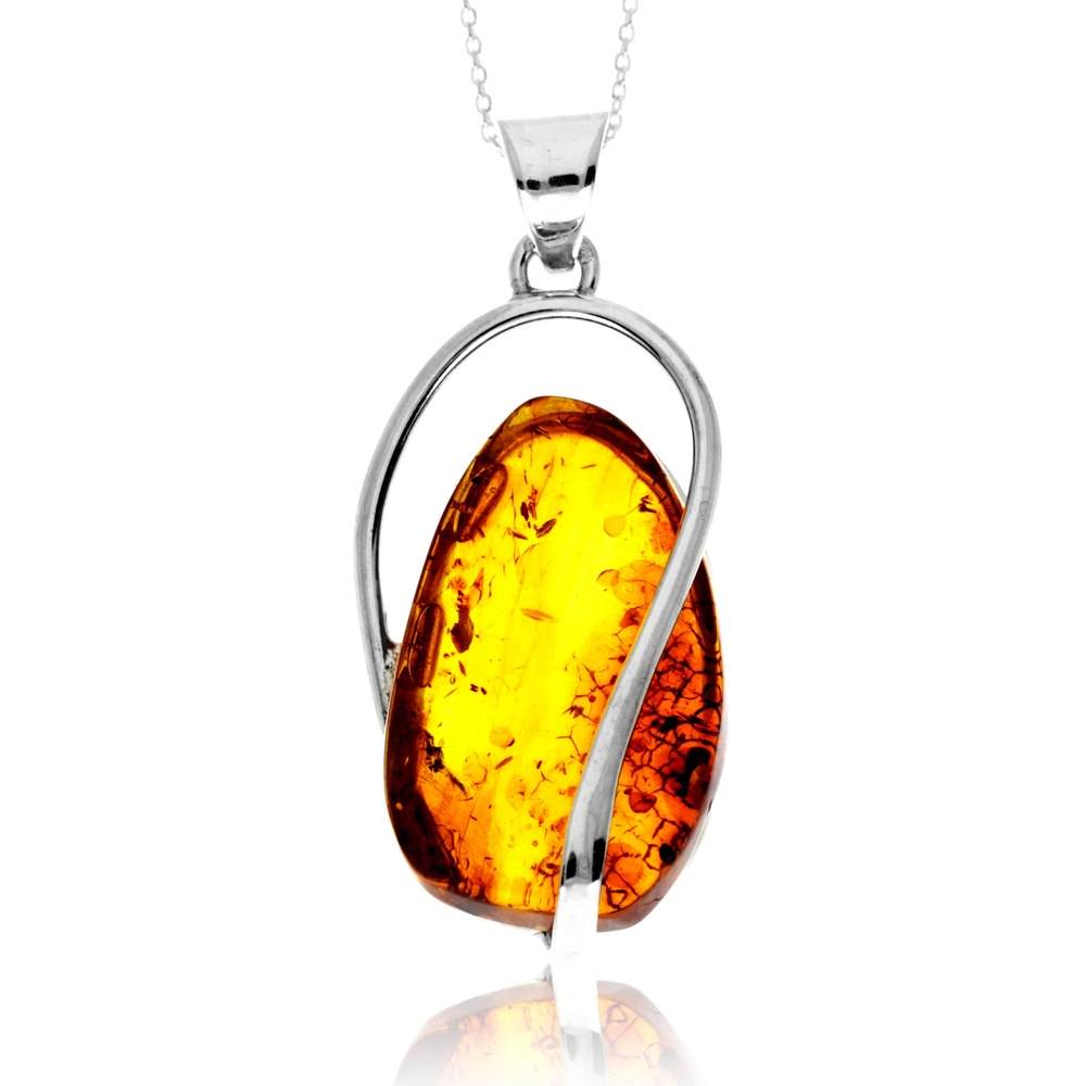 925 Sterling Silver & Genuine Cognac Baltic Amber Unique Exclusive Pendant without a chain - PD2522