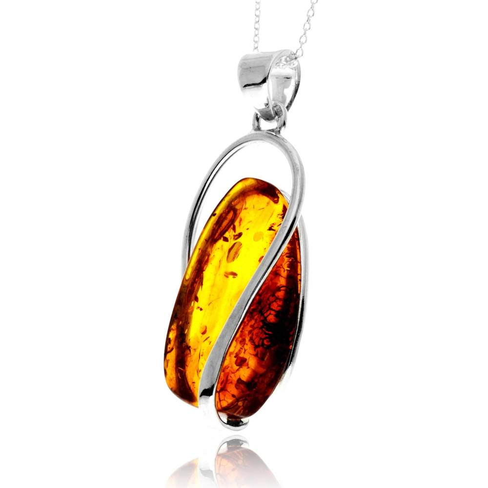 925 Sterling Silver & Genuine Cognac Baltic Amber Unique Exclusive Pendant without a chain - PD2522