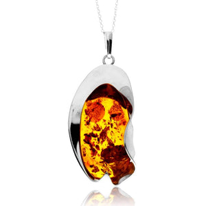 925 Sterling Silver & Genuine Cognac Baltic Amber Unique Exclusive Pendant without a chain - PD2528