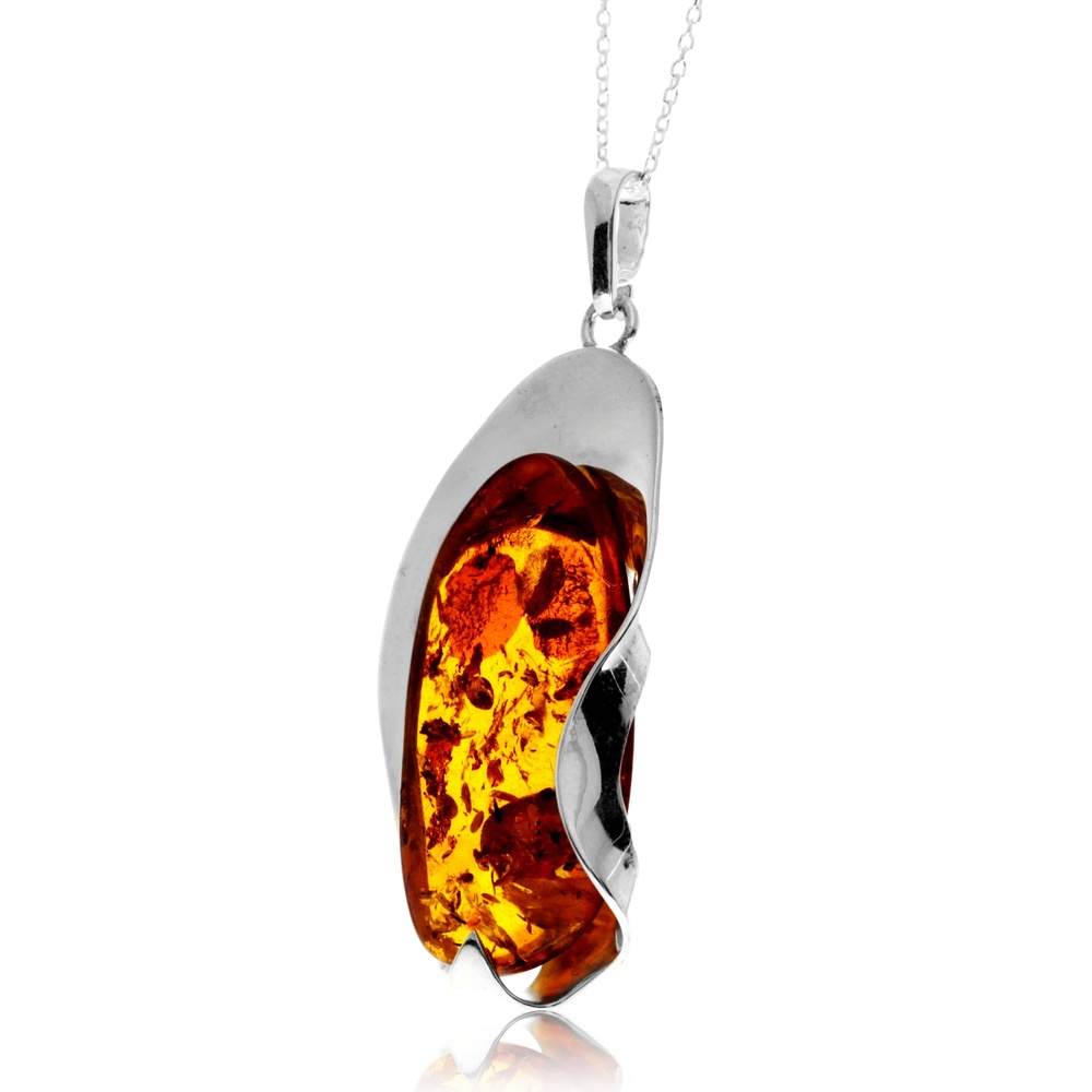 925 Sterling Silver & Genuine Cognac Baltic Amber Unique Exclusive Pendant without a chain - PD2528