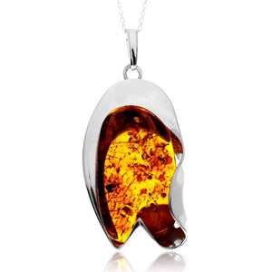 925 Sterling Silver & Genuine Cognac Baltic Amber Unique Exclusive Pendant without a chain - PD2529