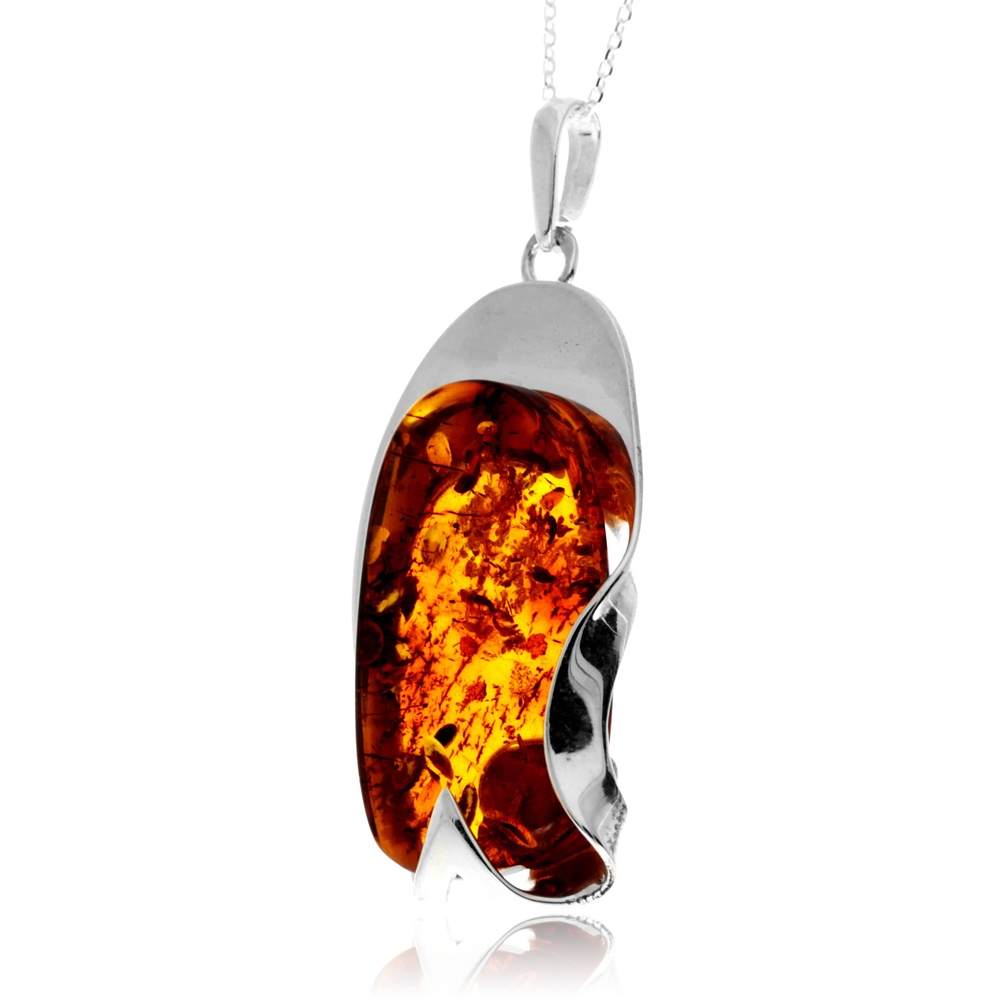 925 Sterling Silver & Genuine Cognac Baltic Amber Unique Exclusive Pendant without a chain - PD2529
