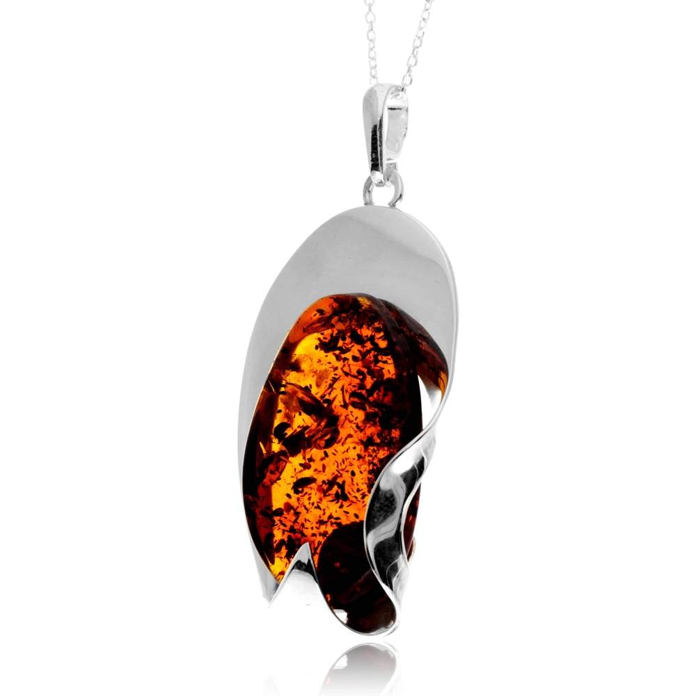 925 Sterling Silver & Genuine Cognac Baltic Amber Unique Exclusive Pendant without a chain - PD2530