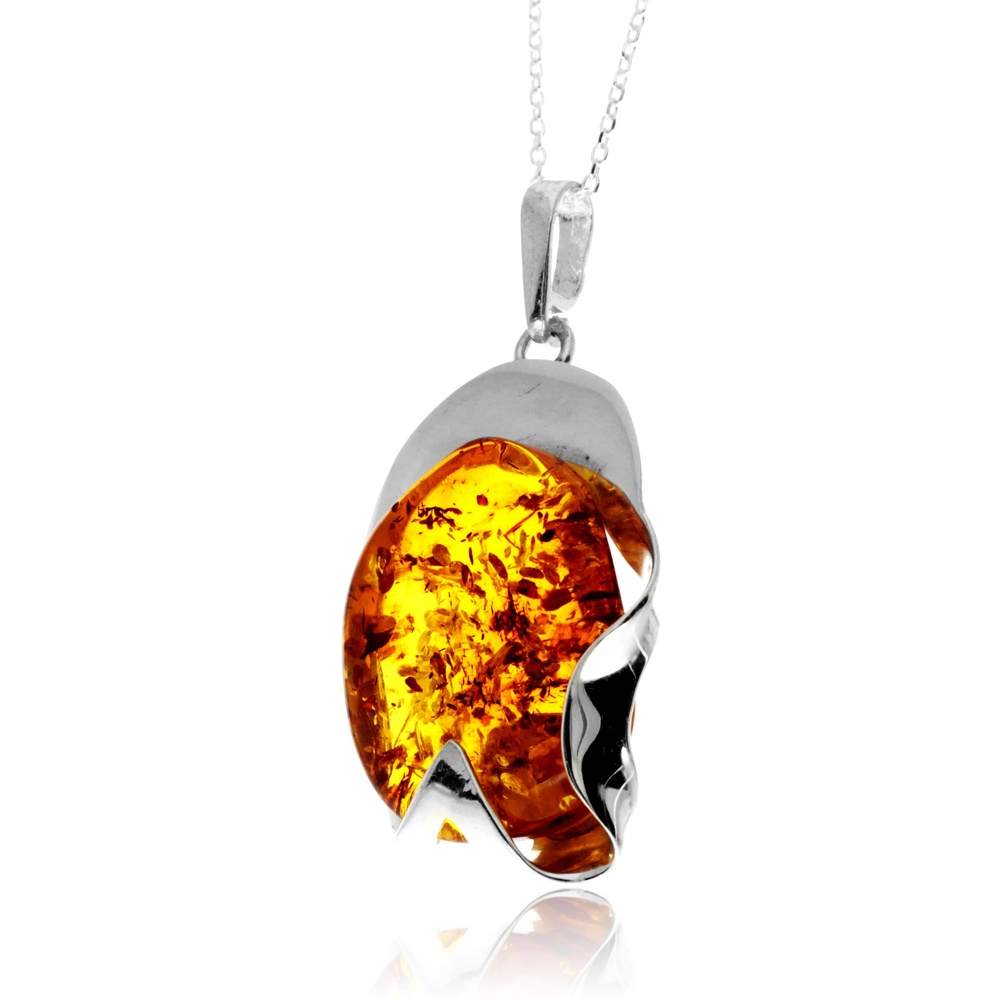 925 Sterling Silver & Genuine Cognac Baltic Amber Unique Exclusive Pendant without a chain - PD2531