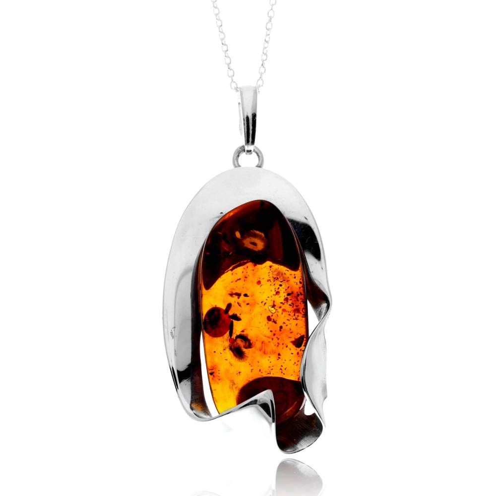 925 Sterling Silver & Genuine Cognac Baltic Amber Unique Exclusive Pendant without a chain - PD2532