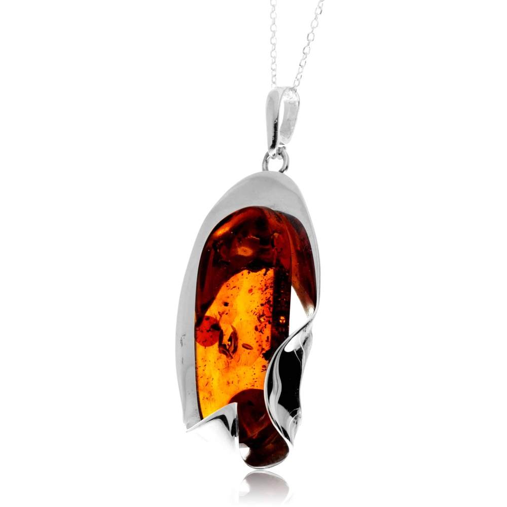 925 Sterling Silver & Genuine Cognac Baltic Amber Unique Exclusive Pendant without a chain - PD2532