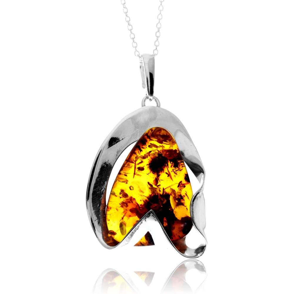 925 Sterling Silver & Genuine Cognac Baltic Amber Unique Exclusive Pendant without a chain - PD2533