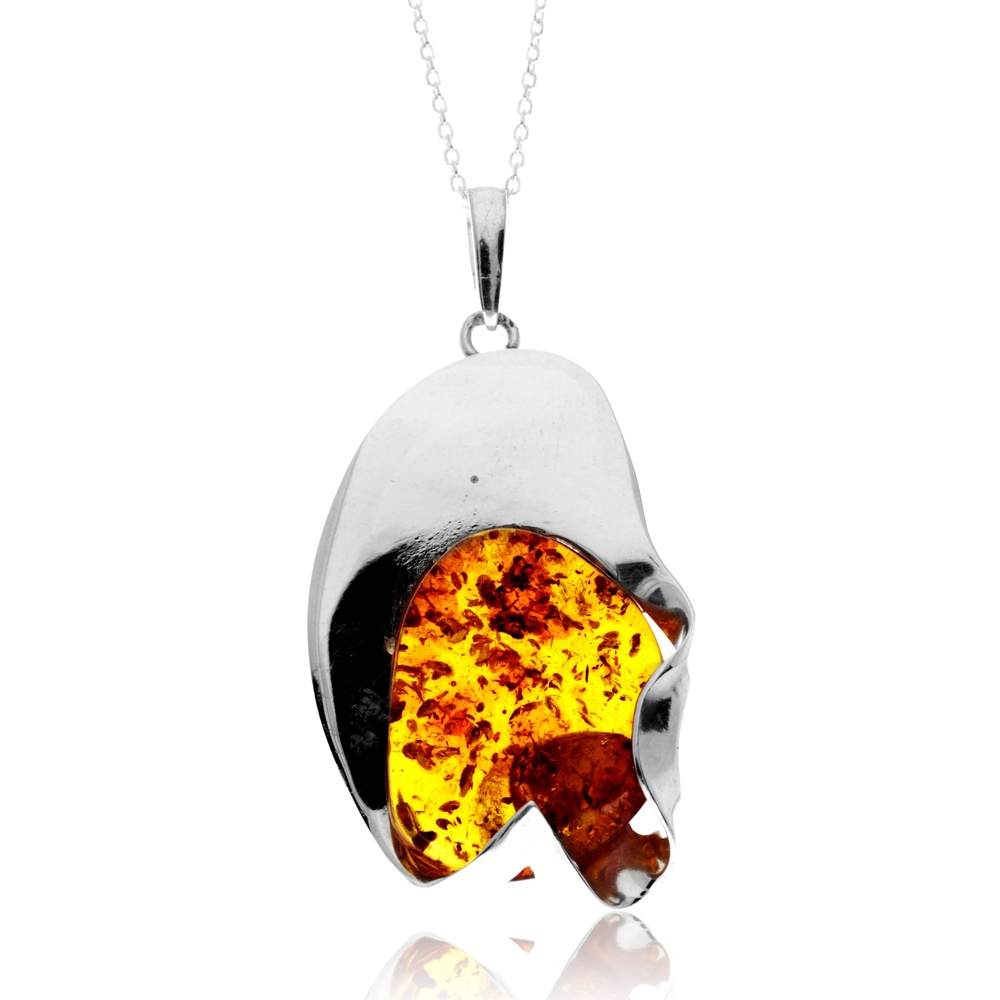 925 Sterling Silver & Genuine Cognac Baltic Amber Unique Exclusive Pendant without a chain - PD2534